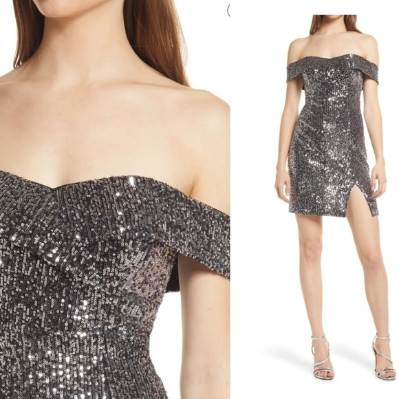 Lulu's Once in a Lifetime Silver Sequin Off-the-Shoulder Mini Dress Small - Picture 1 of 9
